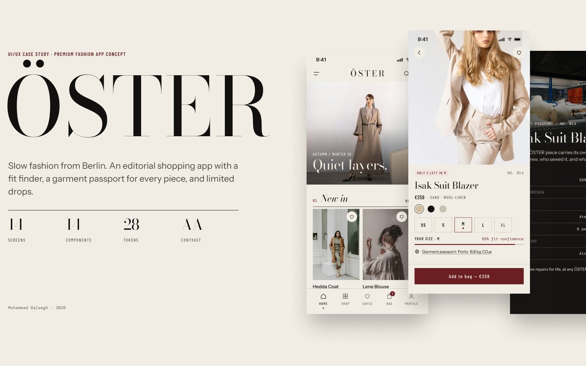 ÖSTER wordmark beside fashion app screens on bone paper