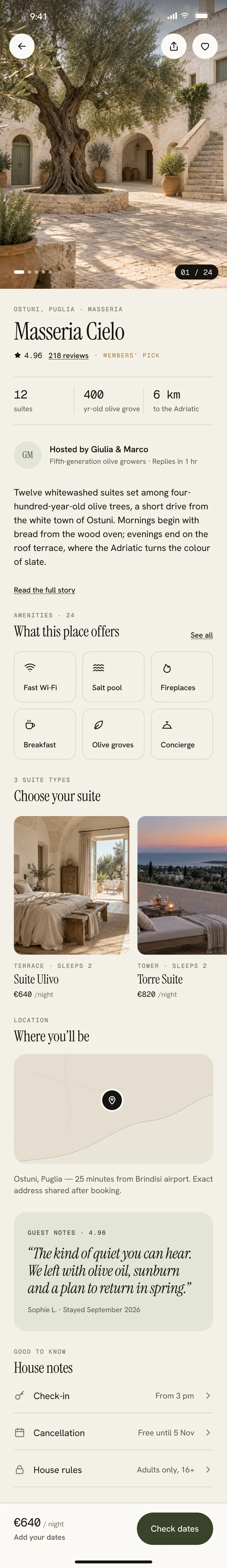 Full-length stay detail for Masseria Cielo: gallery, facts, hosts, rooms, amenities, reviews and booking bar