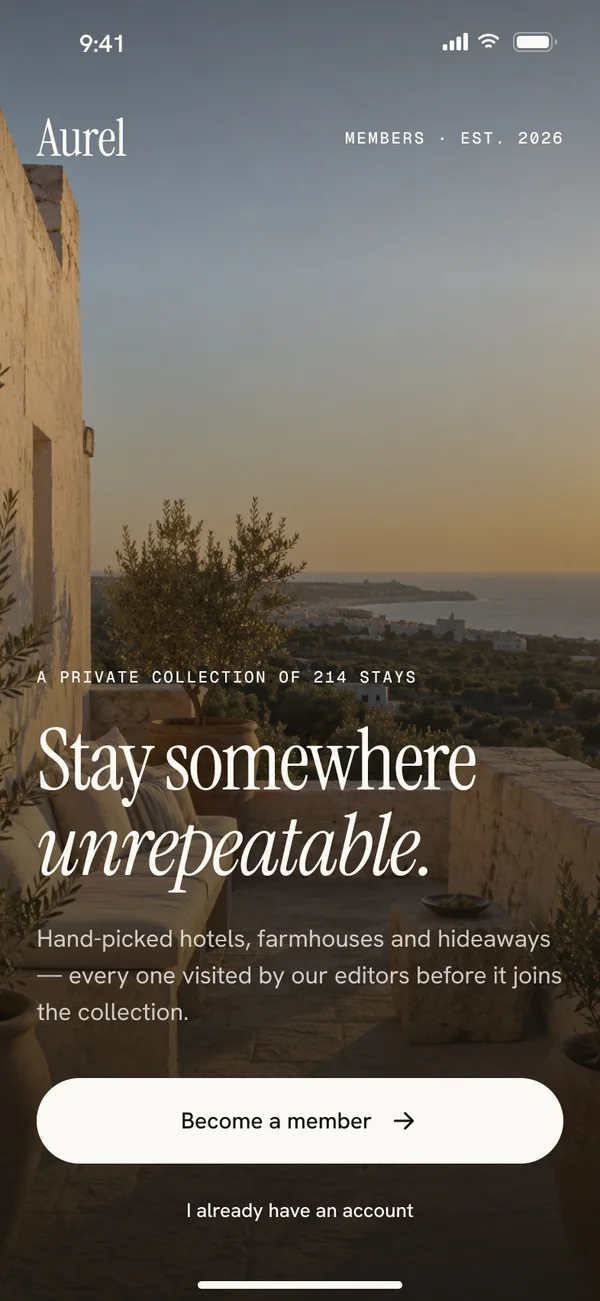 Welcome screen: a private collection of 214 stays, Stay somewhere unrepeatable, Become a member