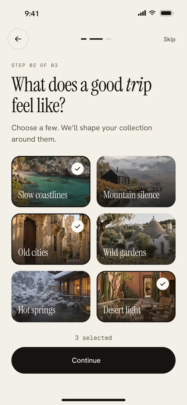 Onboarding: what does a good trip feel like? Six travel mood tiles, three selected
