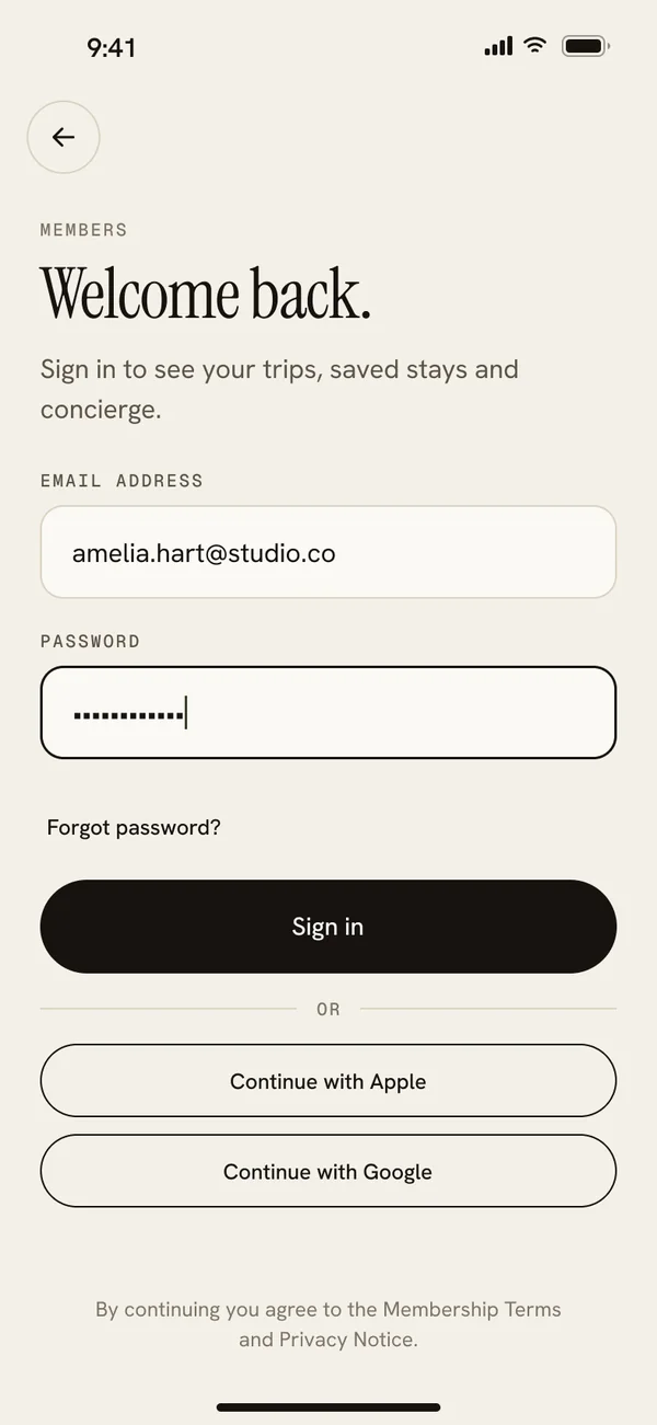 Sign in screen with email, password, Apple and Google