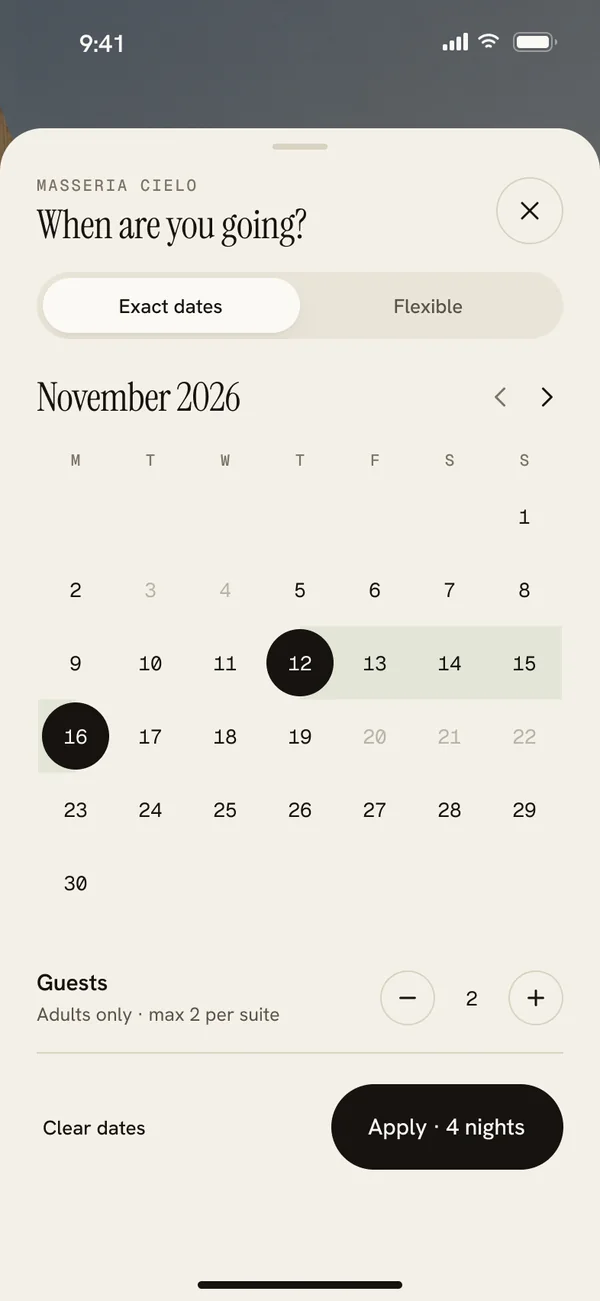 Dates and guests: November 2026 calendar, 12 to 16 November selected, 2 guests