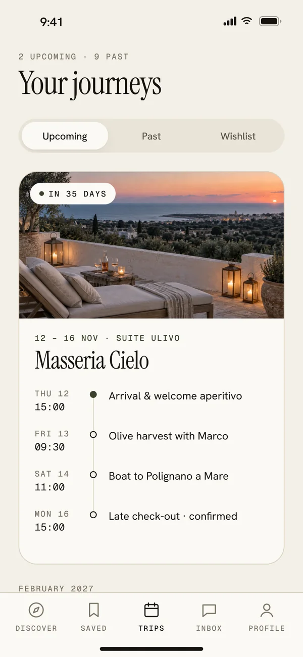 Trips: your journeys, an upcoming stay in 35 days with a day-by-day timeline