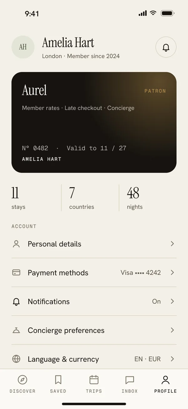Profile and membership card, Patron tier, with stats and account settings