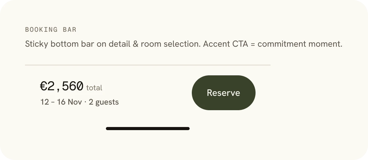 Booking bar: total €2,560, 12 to 16 November, 2 guests, Reserve