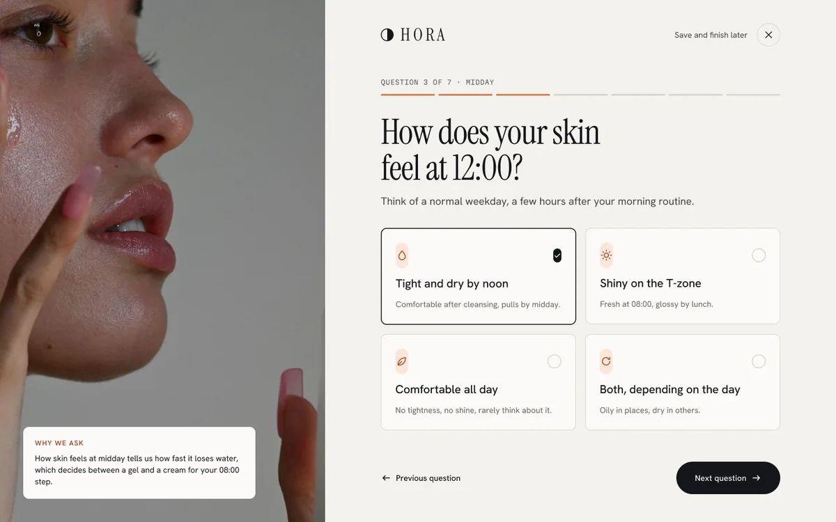 Skin quiz, question 3 of 7: how does your skin feel at 12:00? Four answer cards and a note explaining why the question is asked