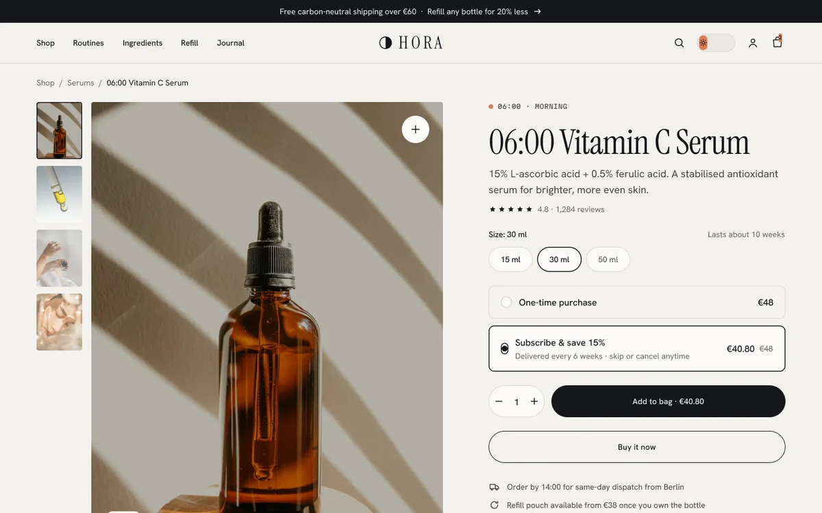 Product page for the 06:00 Vitamin C Serum: one-time purchase €48 or subscribe and save 15 % for €40.80, skip or cancel anytime