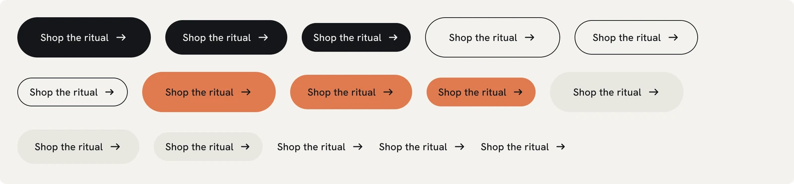 Button variants: dark, outline, accent, soft and text, in three sizes