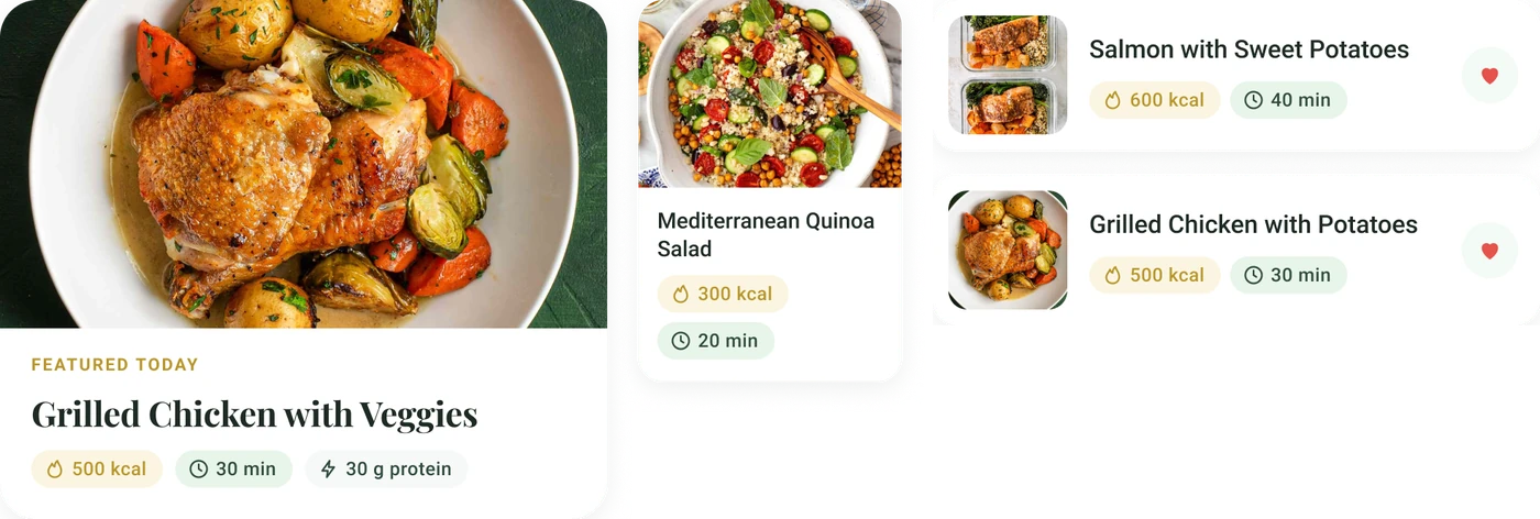 Meal cards in featured, compact and row sizes