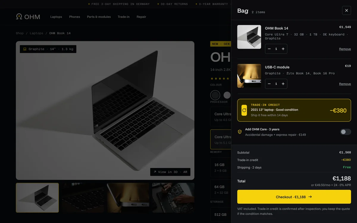 Bag drawer: configured OHM Book 14 for €1,549, USB-C module €19, trade-in credit minus €380 for a 2021 13 inch laptop, total €1,188
