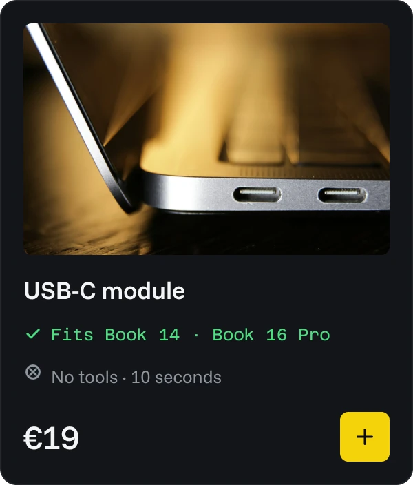 Part card: USB-C module, fits Book 14 and Book 16 Pro, no tools, 10 seconds, €19