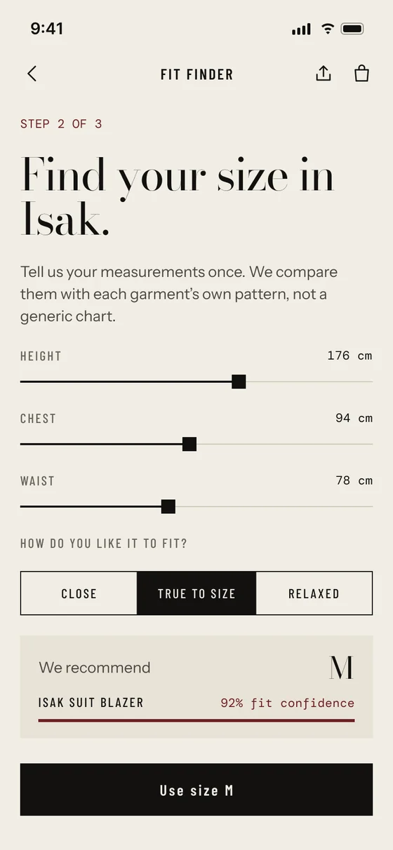 Fit finder screen: height 176 cm, chest 94 cm, waist 78 cm, preference true to size, recommendation size M with 92% fit confidence