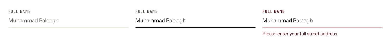 Input field in default, focused and error states